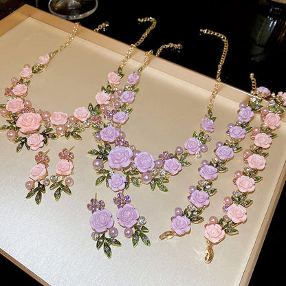 Delicate Pearl Rhinestone Camellia Flower Necklace Bracelet Earrings