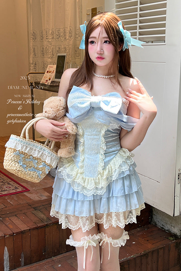 Double-Layered Ruffled Bow Lace Two-Piece Skirt Set - Antique Girl