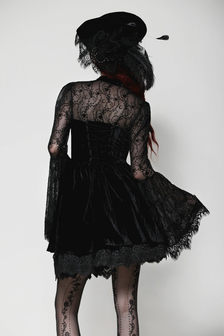 Floral Jacquard Lace-Up Mini Dress with Trumpet Sleeves and Cut-Outs
