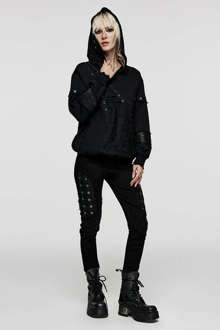 Steampunk Jacket with Metal Eyelets and Lace-Up Hood, Long-Sleeve Women's