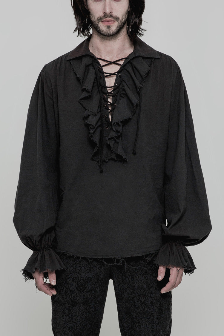 Steampunk Men's Long Sleeve Blouse with Ruched Lace-Up Details - Dual Shades