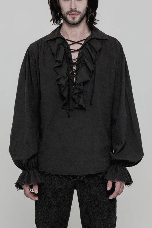 Steampunk Men's Long Sleeve Blouse with Ruched Lace-Up Details - Dual Shades