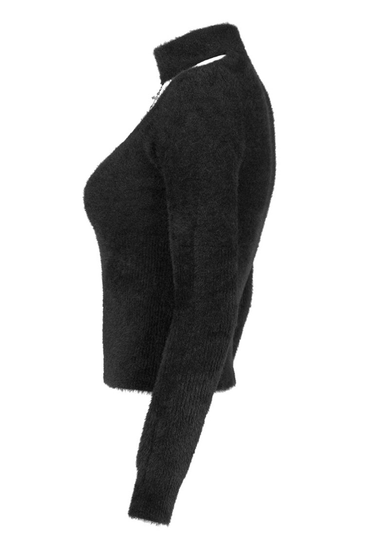 Punk Long Sleeve Top with Metal Cross & Hollow-Carved Knit Design in Black