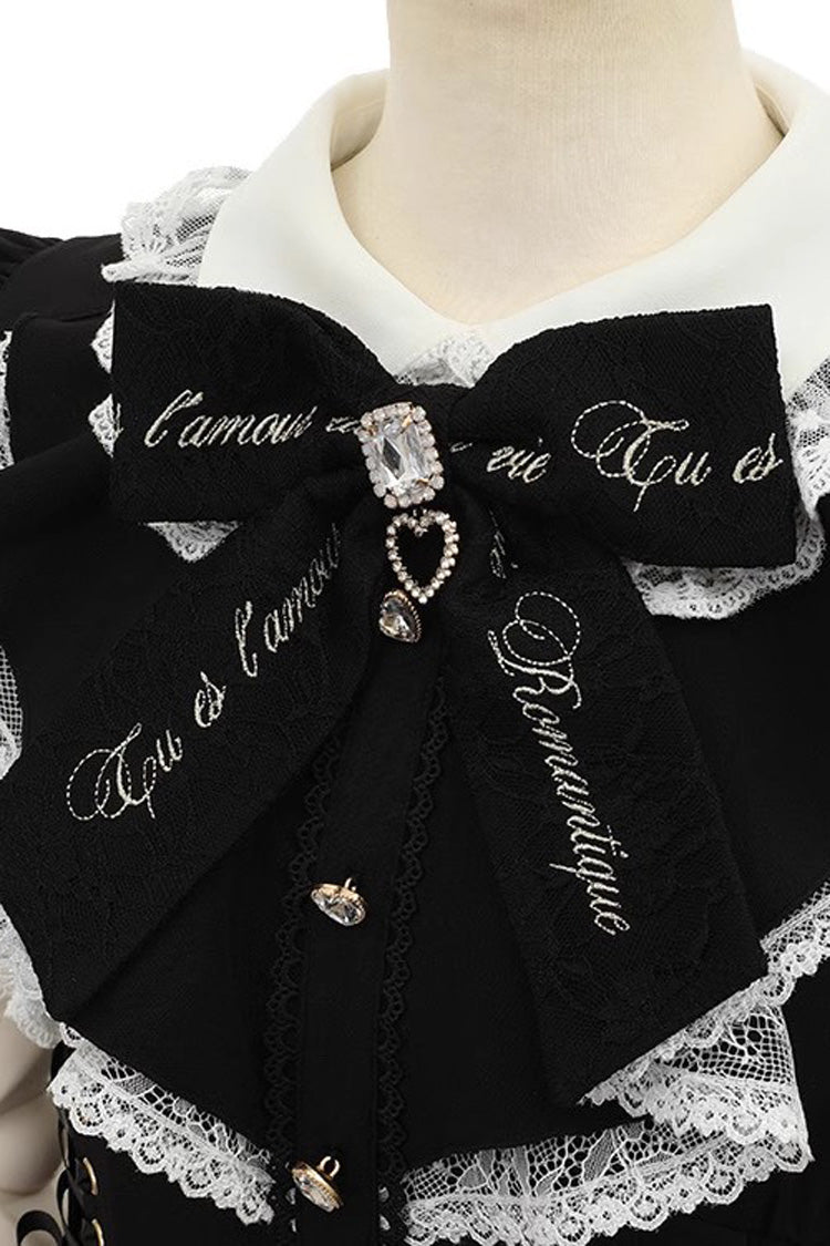 Jirai Kei Sweet Dress with Diamond Buckle, Heart Bow & Lace Faux Two-Piece