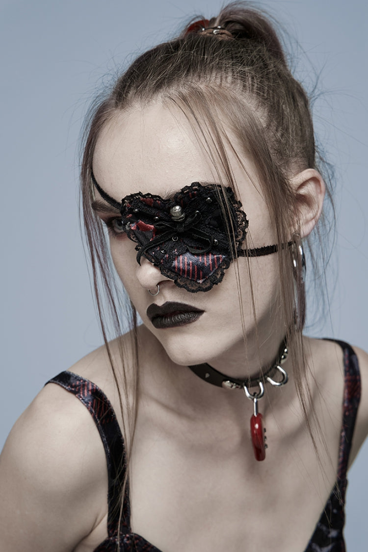 Crimson & Noir Metal Skull Embellished Lace Heart Gothic Eye Mask