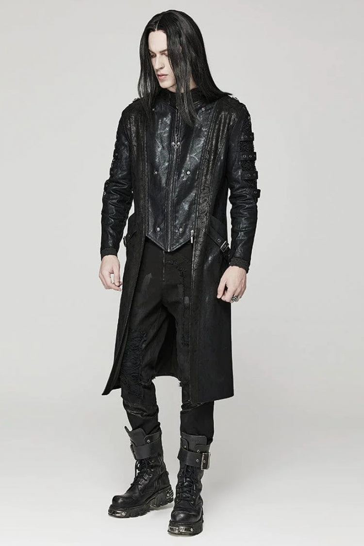Men's Steampunk Coat with Crackled Mesh, Hollow Stitching and Hood