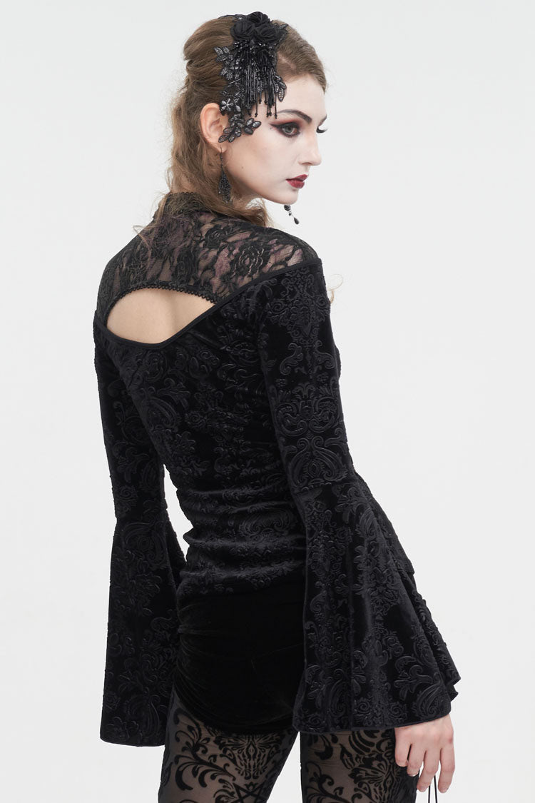Gothic Shirt with Cutout Round Collar Flared Sleeves and Embossed Floral