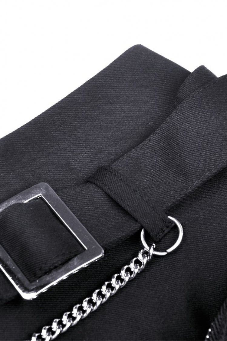 Jet-Black Chain-Trimmed Pleated Mini Skirt with Waistbelt