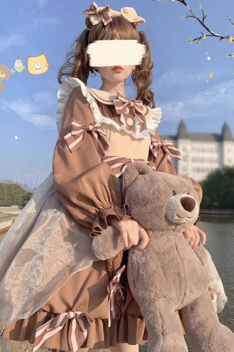 Sweet Lolita Dress with Bear, Long Sleeves, High Waisted Ruffle Bowknot in 3 Colors
