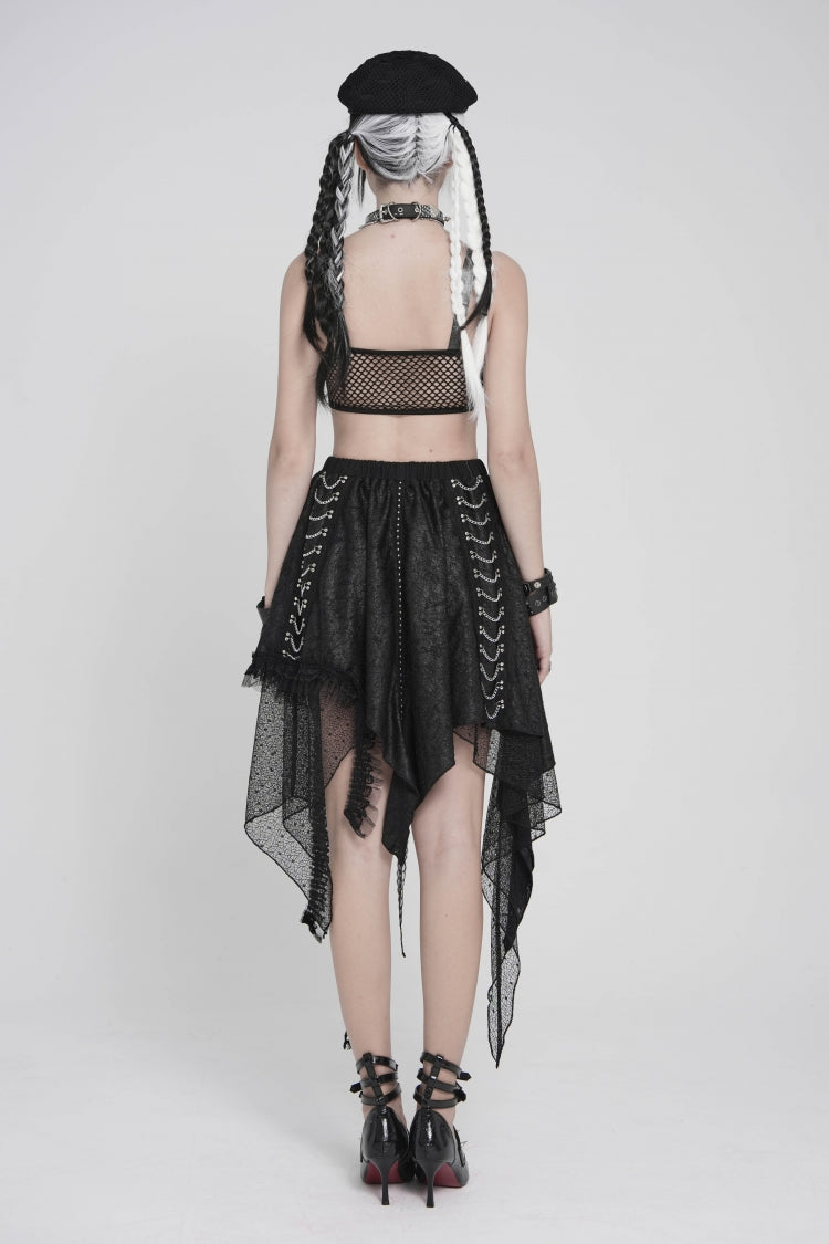 Punk Streamer Skirt with Irregular Hem and Chain Accents
