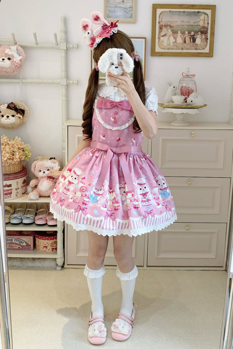 Rose Cupid Bunny Print Sleeveless Bow Princess Lolita Strappy Dress