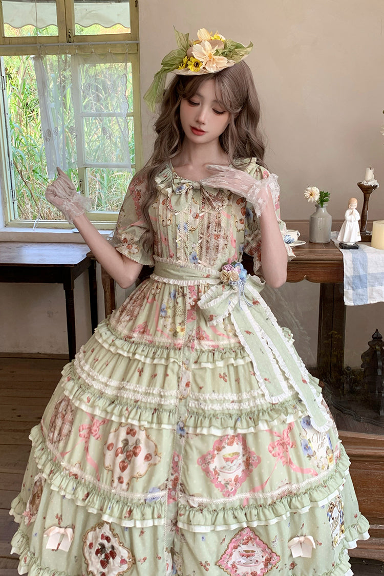 Emerald Cat Rose Tea Short Sleeve Printed Ruffle Cardigan Bow Sweet Lolita Gown