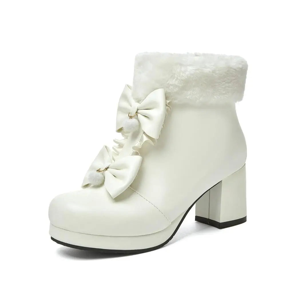 Kawaii dollette winter booties bows platform heel shoes footwear