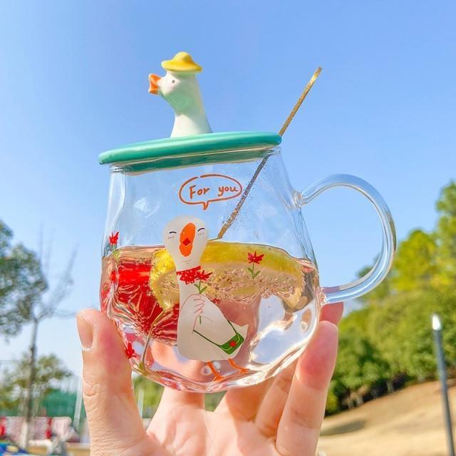 Duck Goose Mug With Lid - Green - bottles, cups, duck, ducks, ducky