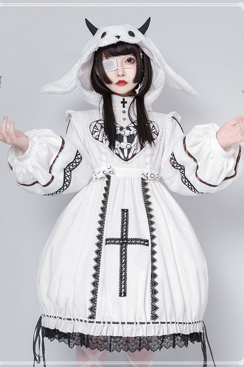Gothic Lolita OP Dress with Detachable Hat, High Neck, Woolen Cuffs, Demon Rabbit