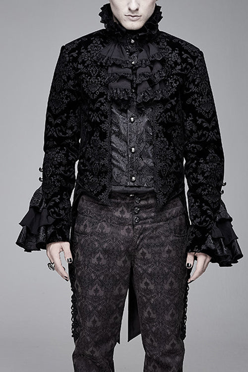 Gothic Men's Coat with Stand Collar and Court Pattern Design