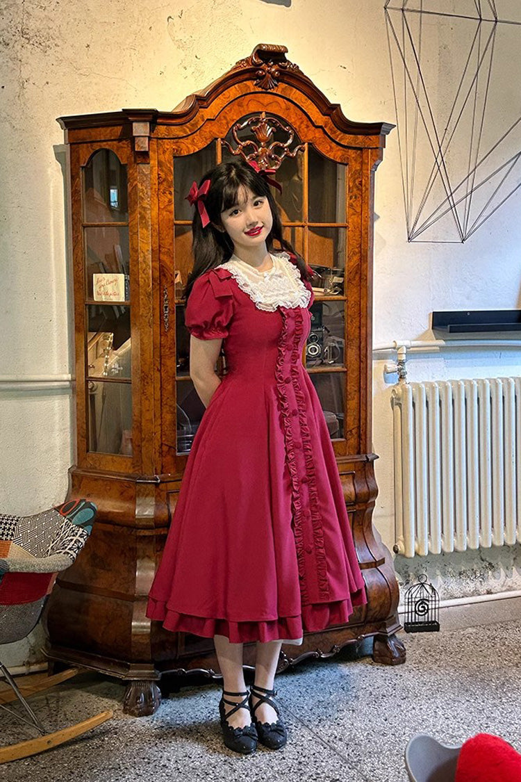 Burgundy Bow Sleeve Sweet Lolita Dress Plus Size