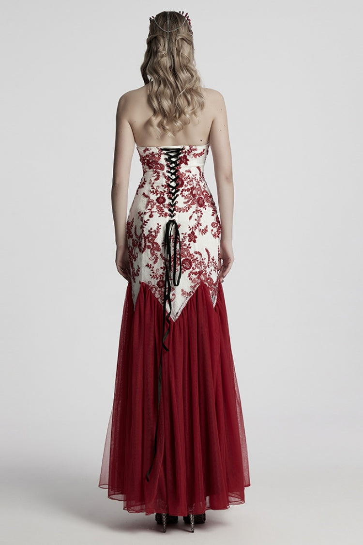 Crimson Fishtail Gown with Embroidered Lace and Slim Silhouette