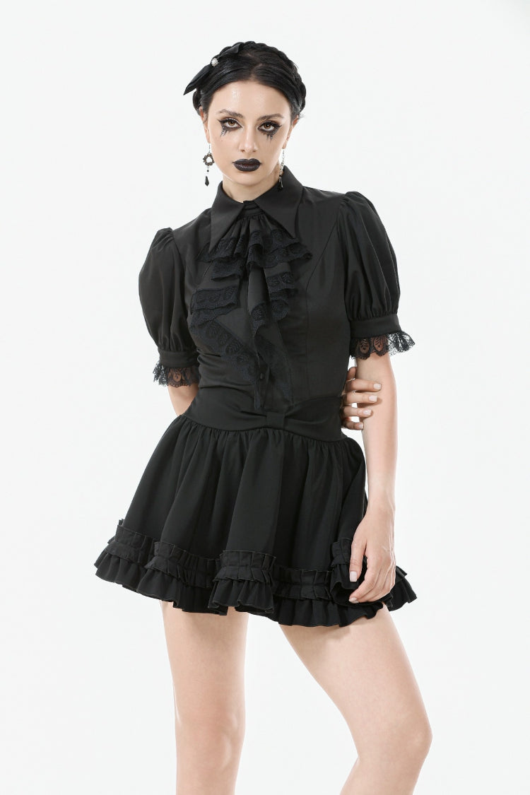 Lapel Collar Puff Sleeve Blouse with Removable Cravat - Gothic Edge