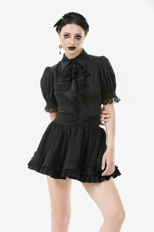 Lapel Collar Puff Sleeve Blouse with Removable Cravat - Gothic Edge