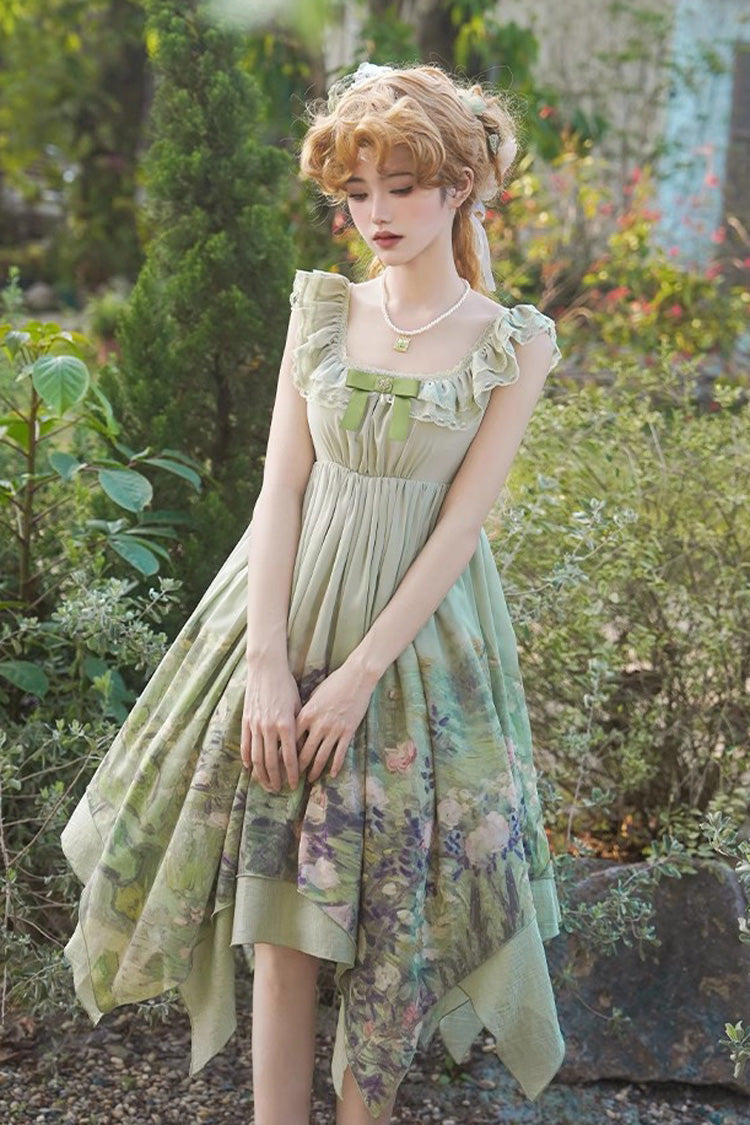 Emerald Blooming Roses Oil Painting Chiffon Ruffle Bow Irregular Sweet Lolita Jumper