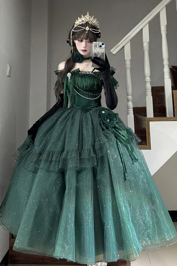 Emerald Bright Stars Off Shoulder Ruffle Bow Asymmetric Elegant Princess Lolita Gown