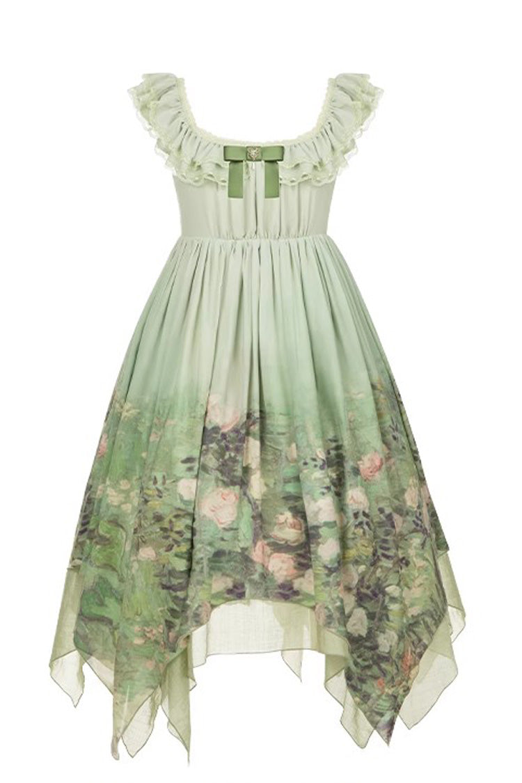 Emerald Blooming Roses Oil Painting Chiffon Ruffle Bow Irregular Sweet Lolita Jumper