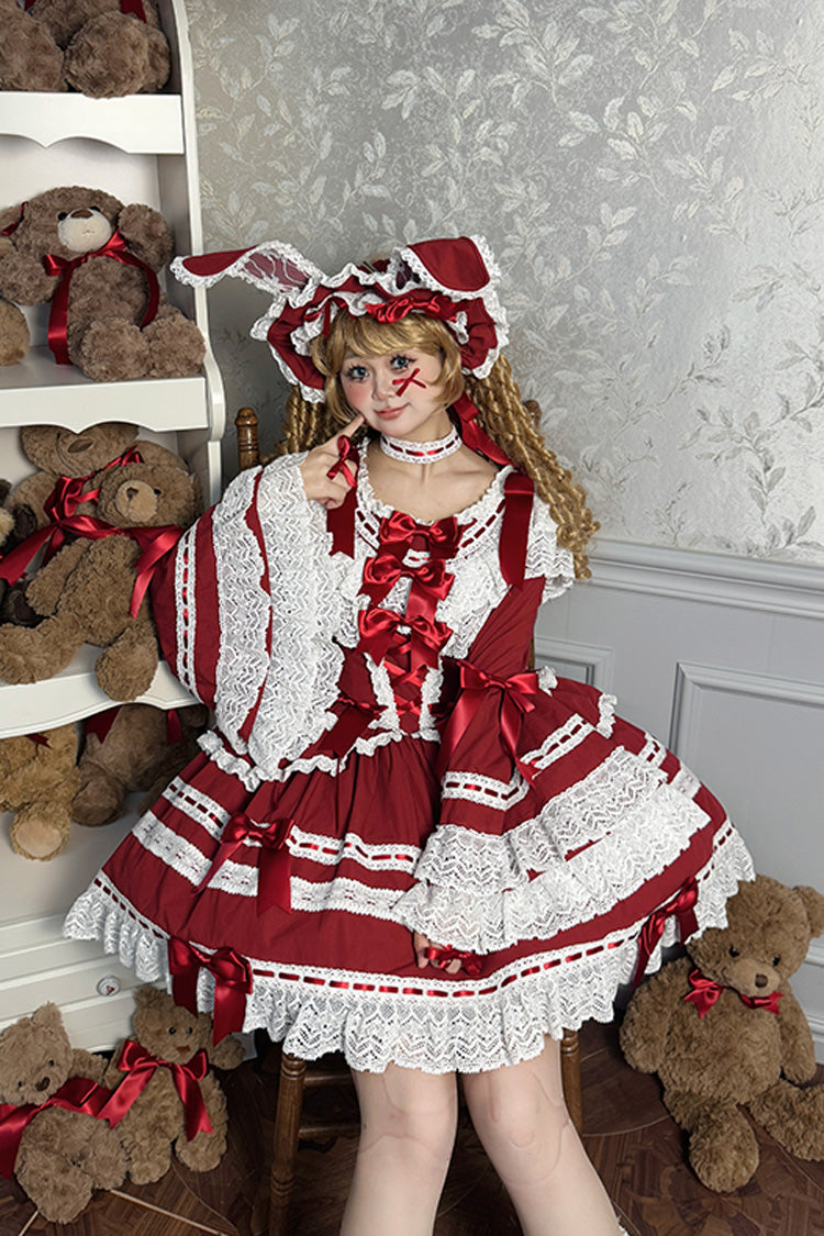Burgundy Rabbit Sleeping Doll Print Flared Sleeves Ruffle Bow Lace Sweet Lolita Dress