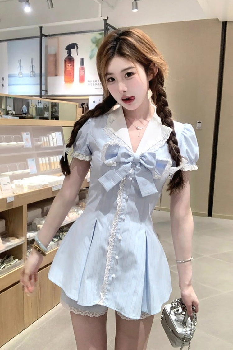 Striped Print Ruffle Bowknot Sweet Jirai Kei Dress with V Collar and Short Puff Sleeves