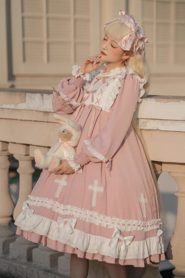 Blush Cross Wish Long-Sleeve Lace-Up Tiered Lolita Gown