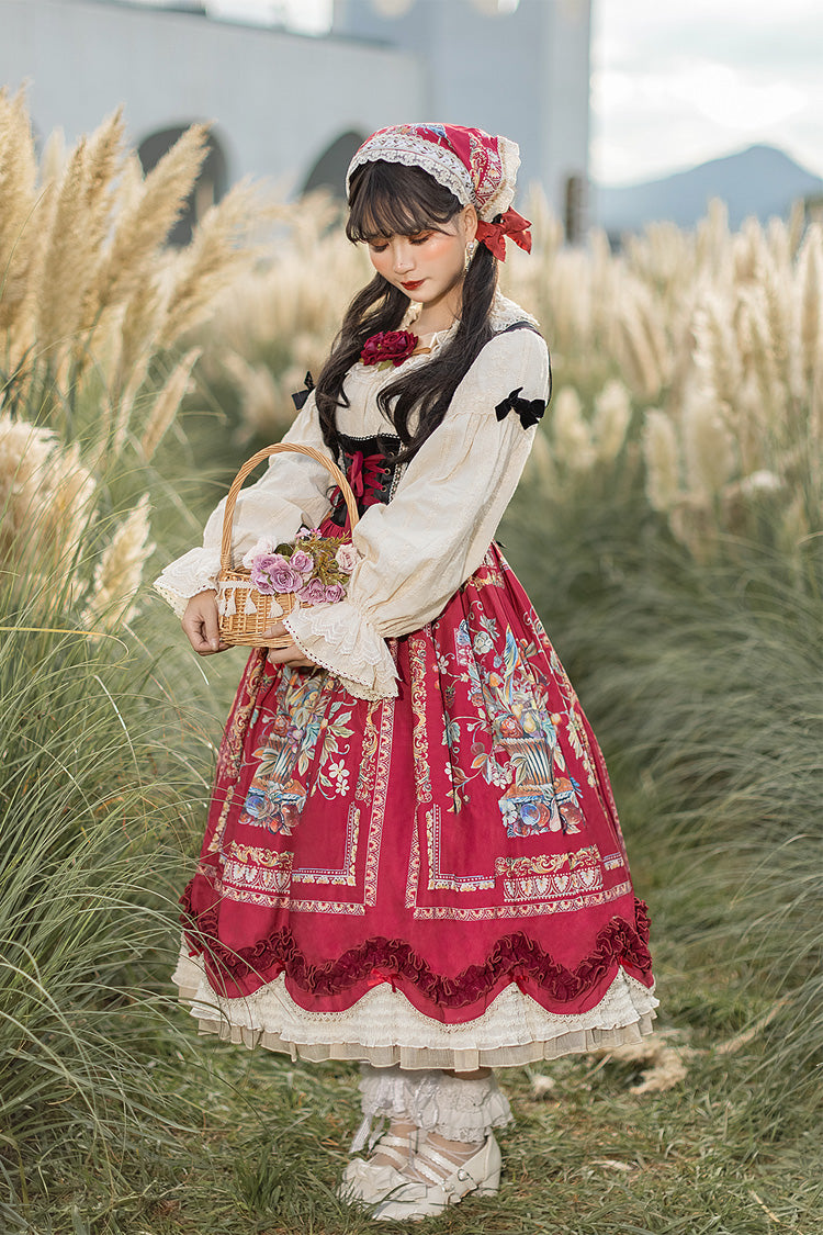 Burgundy Berries and Birds Print Ruffle Bow Velvet Classic Lolita Corset JSK Dress