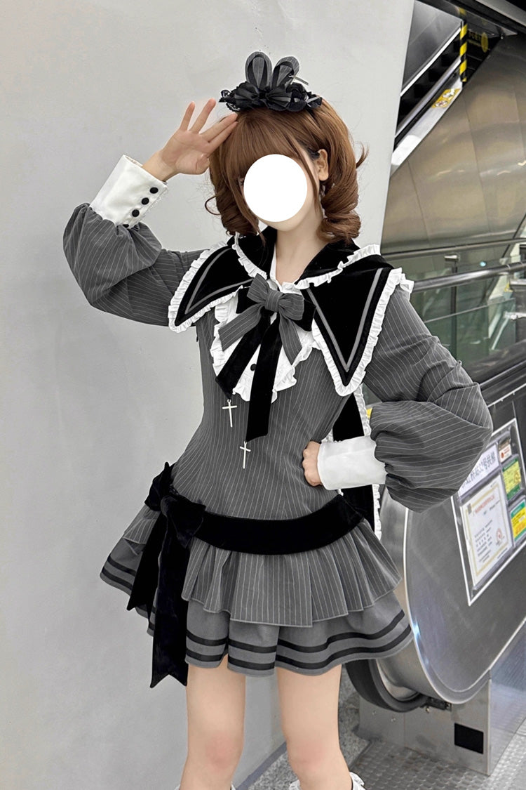 Navy Collar Long Sleeve Ruffle Gothic Dress - Bizarre Rabbit Opera