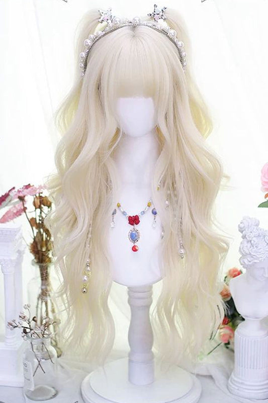 Walnut Blonde Blunt Bangs Long Curly Wig Japanese Sweet Lolita Style