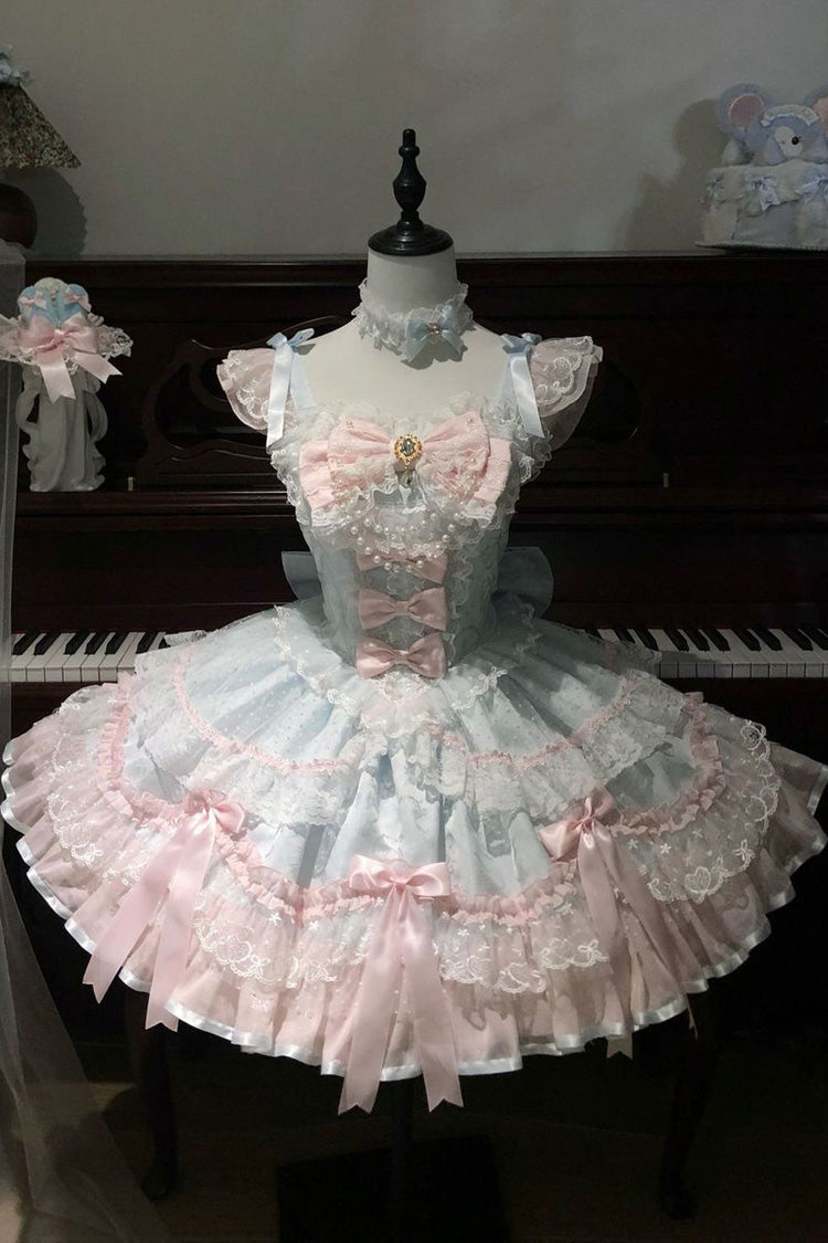 Square Collar Pearl-Trimmed Ruffled JSK with Bow Accents - Candy Satin Ballet