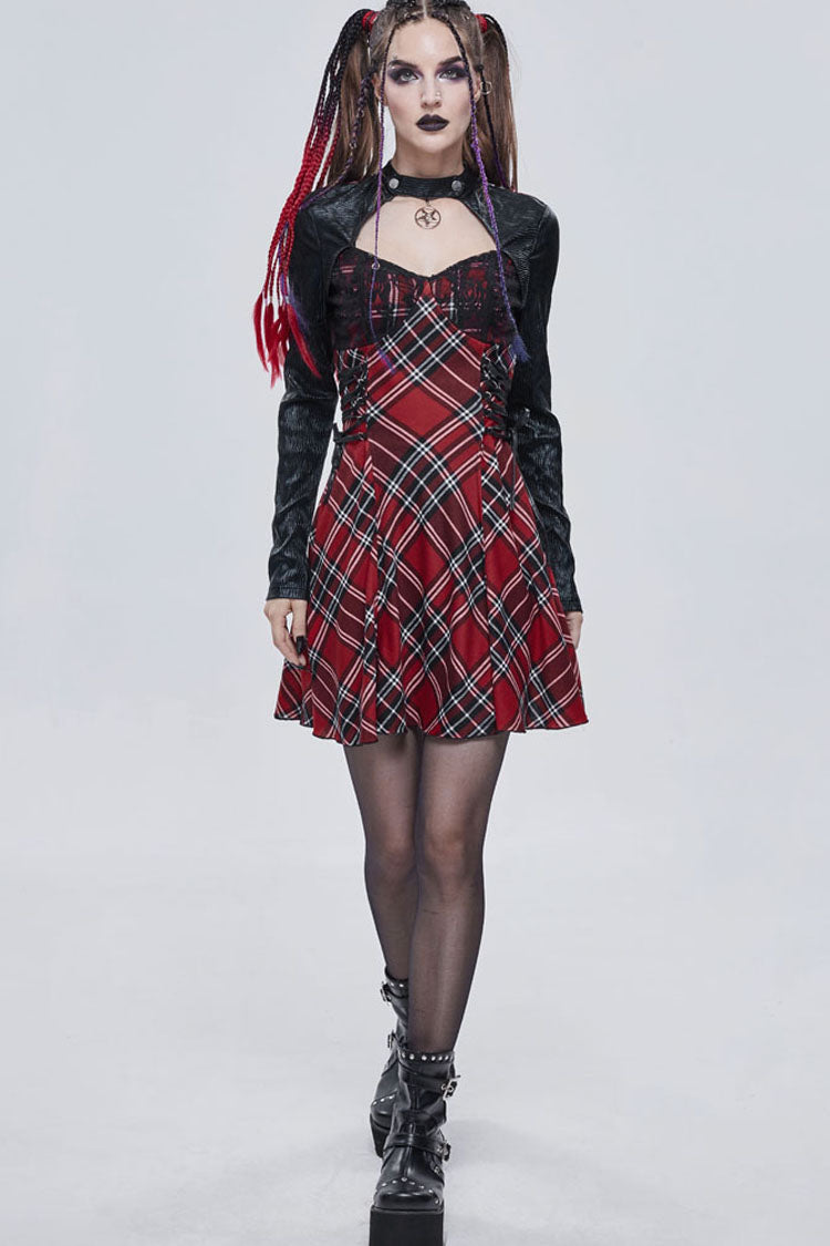 Scarlet Plaid Knit Dress with Side Straps and Pentagram Hardware