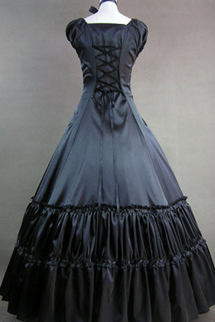 Floor-Length Victorian Gothic Lolita Gown with Square Neckline and Short Cap Sleeves in Cotton