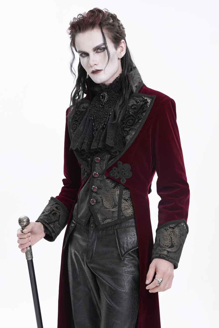 Burgundy Long Sleeve Button Floral Embroidery Gothic Men's Jacket