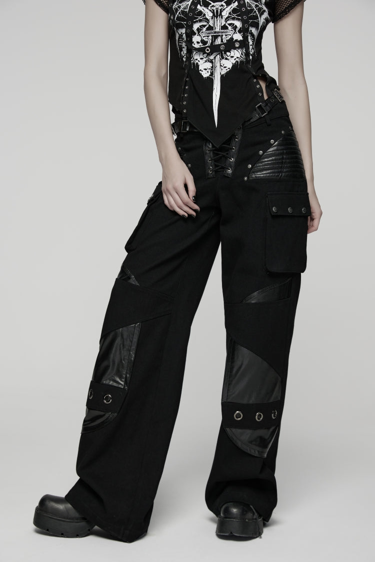 Punk Pants with Buckles and Big Pockets in Black Lace Design