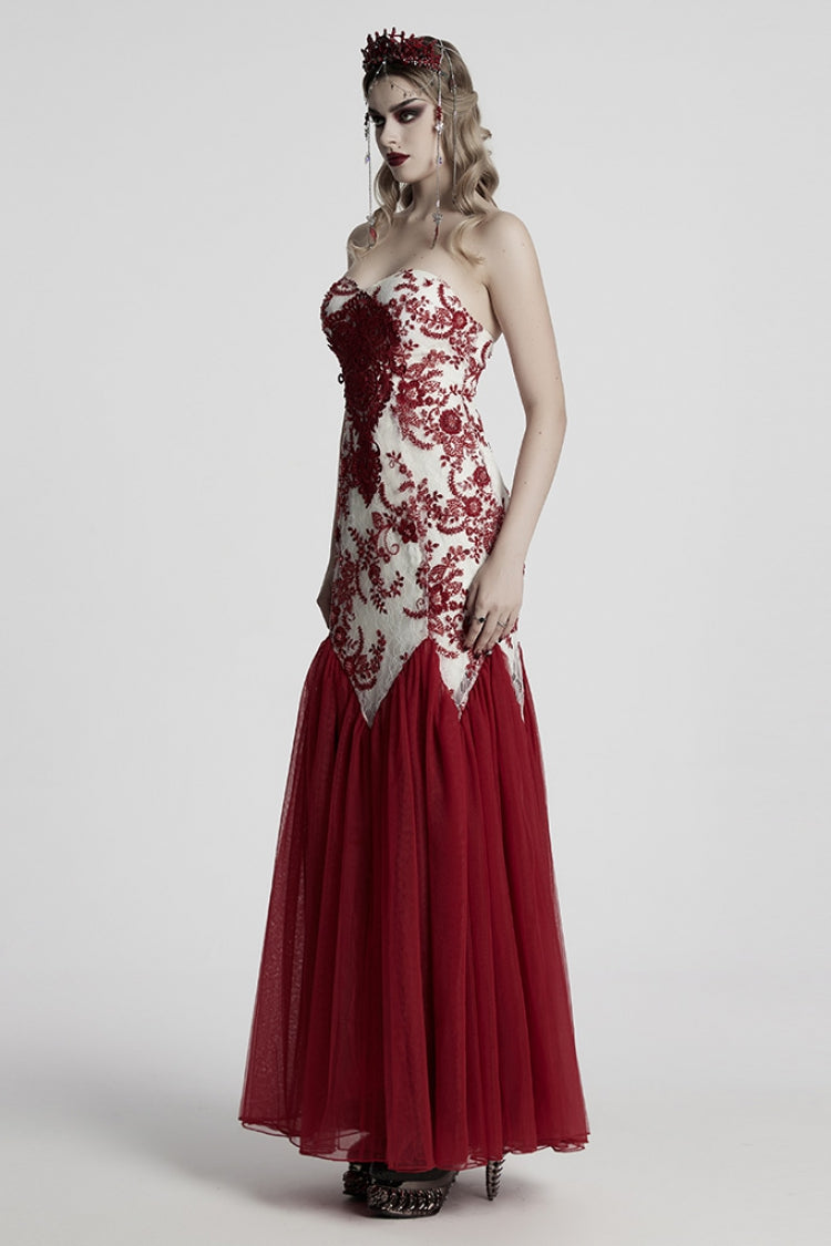 Crimson Fishtail Gown with Embroidered Lace and Slim Silhouette
