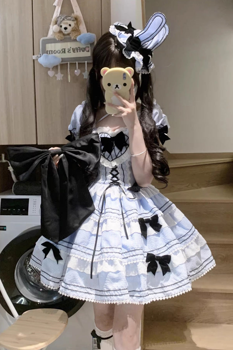Sweet Lolita JSK with Striped Ruffle Bowknot and Lace-Up Front