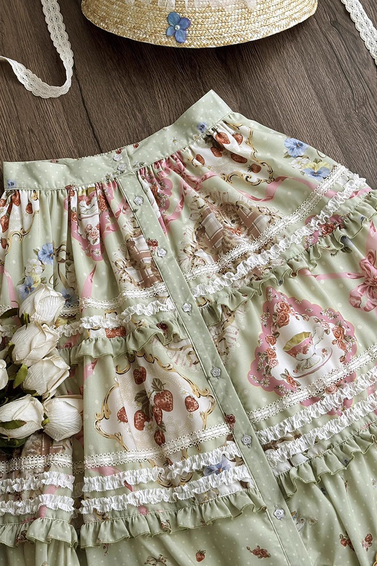 Emerald Cat Rose Tea Printed Ruffle Sweet Gorgeous Lolita Skirt