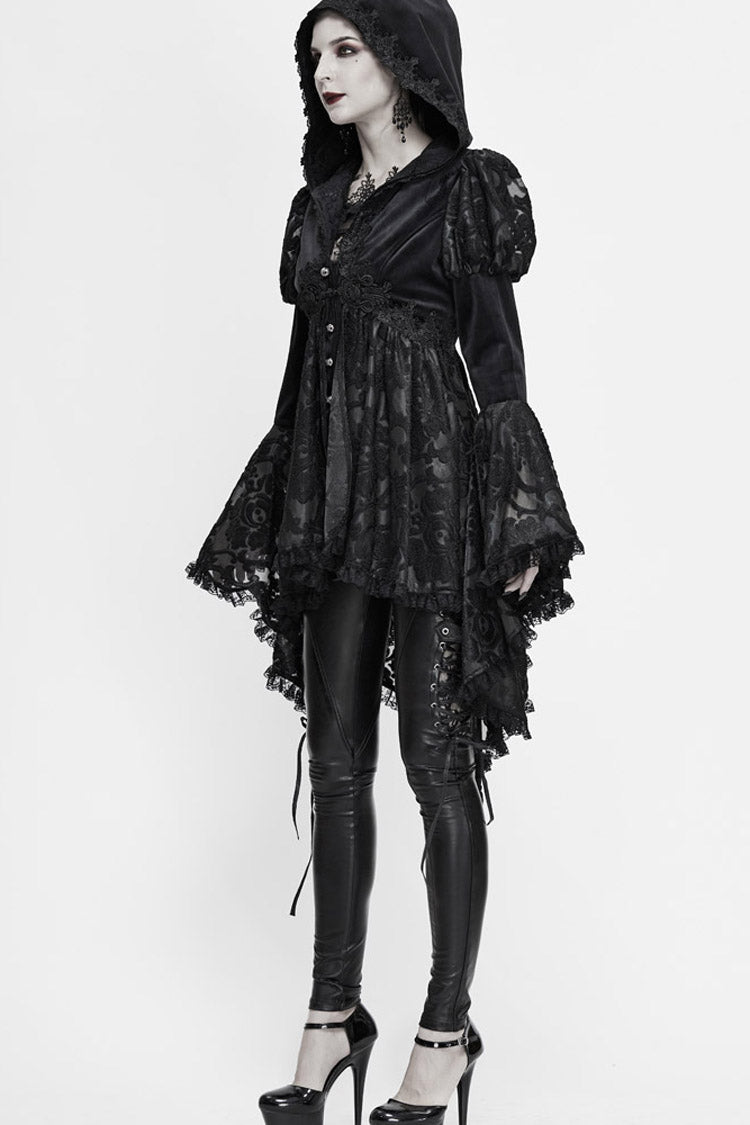 Gothic Velvet Hooded Coat with Metal Buttons, Lace Cuffs & Chest Decals