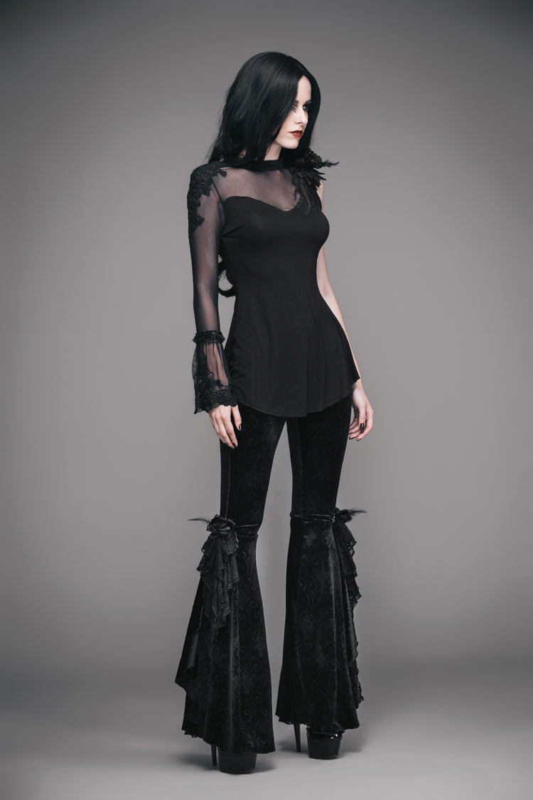 Feather-Trim Single-Sleeve Knit Top with Mesh Accent