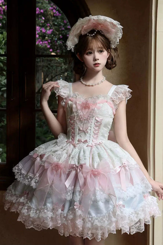 Pink Shadow Veil Square Collar Flutter Sleeves Multi-Layered Bow Lace Sweet Lolita Jsk Dress
