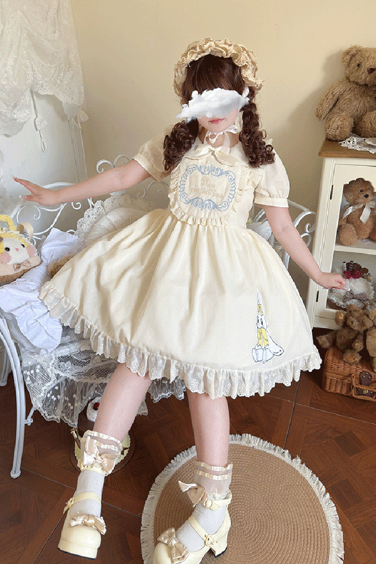 Sweet Dream Bunny Doll Collar Short Sleeves Ruffle Embroidery Bowknot Sweet Plus Size Lolita Dress