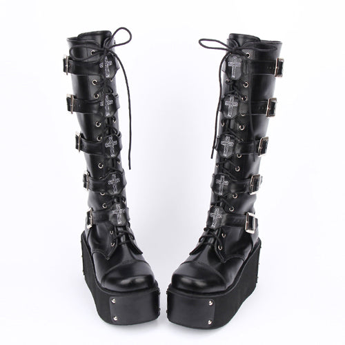Lolita Boots with High Platform and Cross Adornment