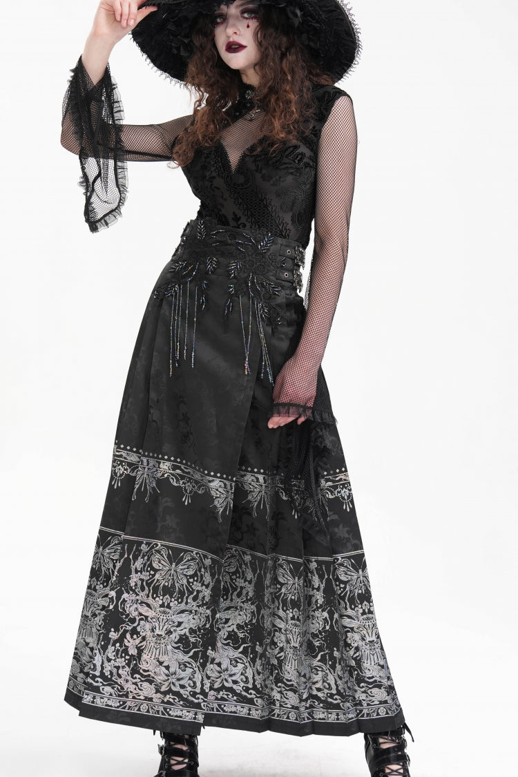 Ink-Black Embroidered Fringe Buckle-Trimmed Maxi Skirt