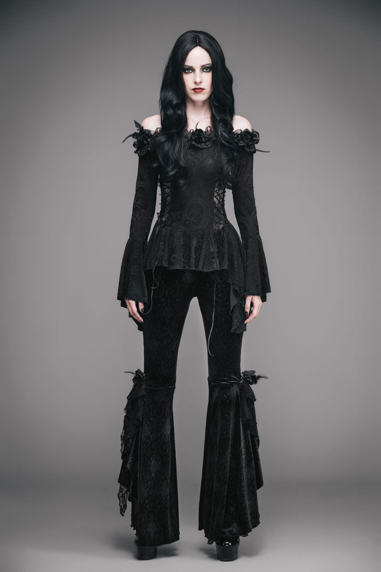 Gothic One-Shoulder Blouse with Rose, Lace-Up Flare Sleeves & Side Splice