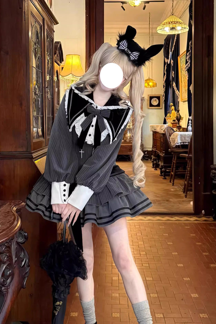 Navy Collar Long Sleeve Ruffle Gothic Dress - Bizarre Rabbit Opera