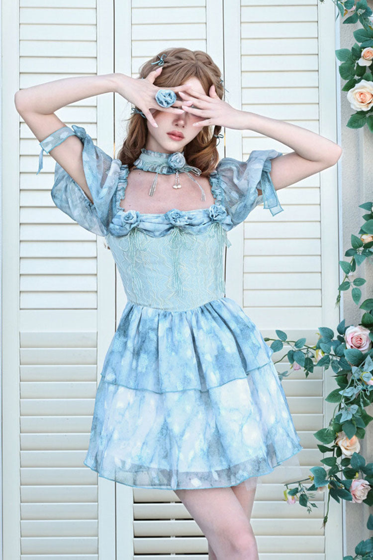 Azure Square Neck Short Puff Sleeve Multi-Layer Print Ruffle Tie-Dye Princess Lolita